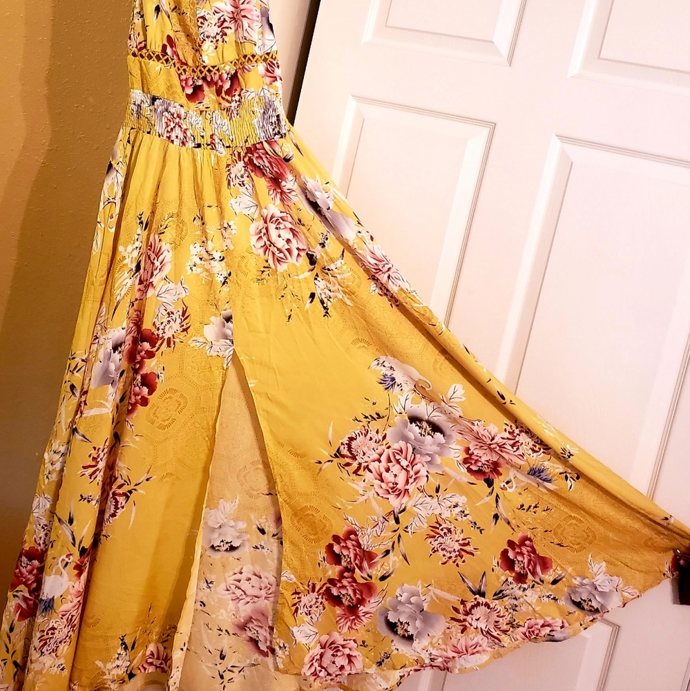 JAASE asian yellow print maxi dress Large